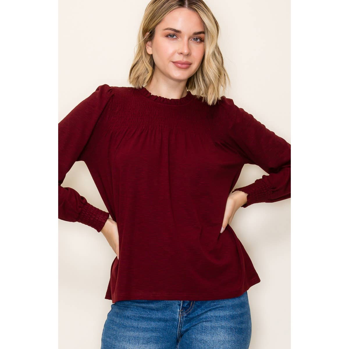 Burgundy Ruffle Smocked Long Sleeve Top