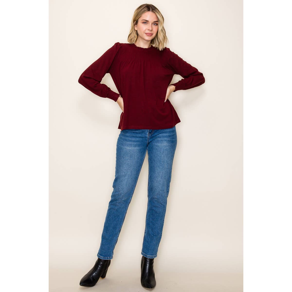 Burgundy Ruffle Smocked Long Sleeve Top