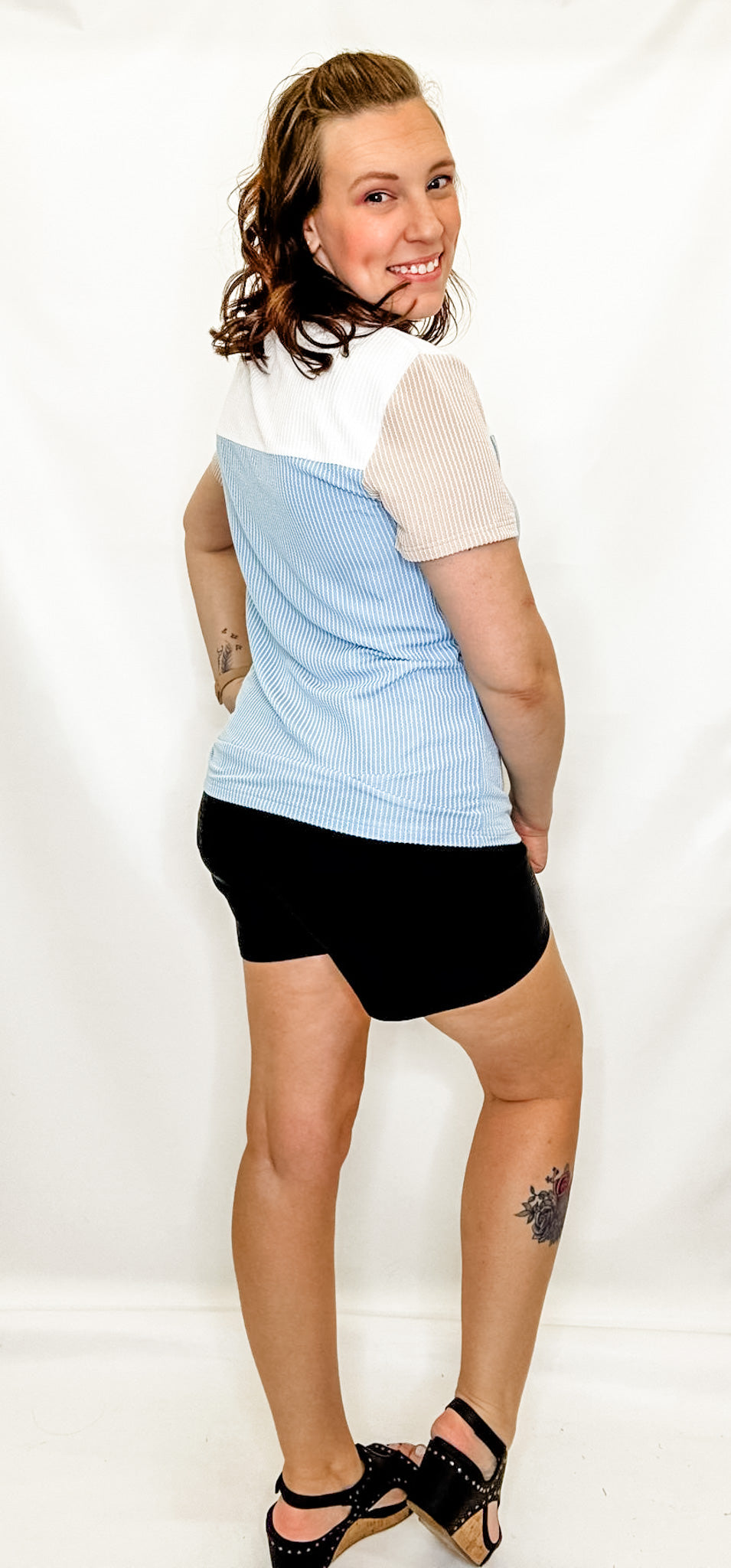 Lt Blue, White & Tan Color Block Tee