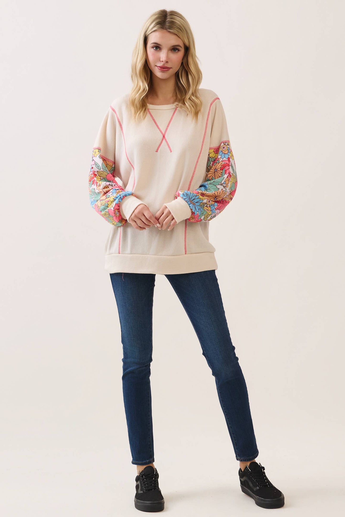 Cream & Bright Floral Contrast Sleeve Pullover Top
