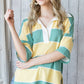 7th Ray - Oversized Striped Collar Split Neck Short Sleeve Top T4061