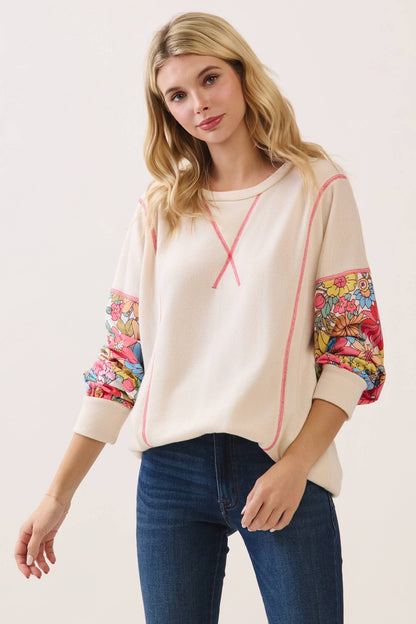 Cream & Bright Floral Contrast Sleeve Pullover Top