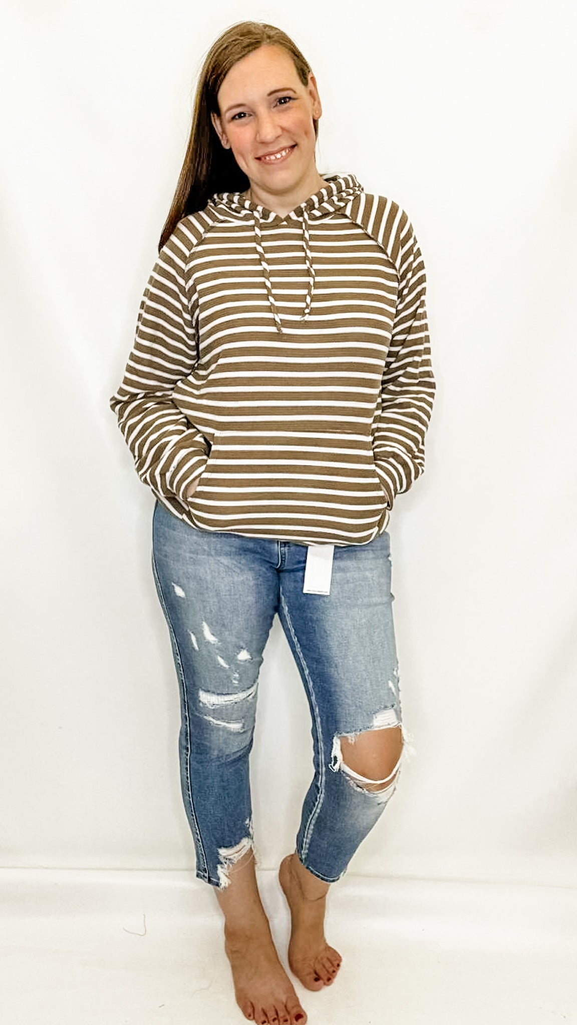 Taupe & Cream Stripe Ribbed Hoodie