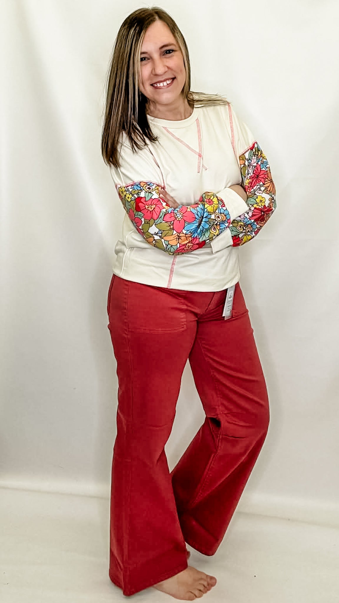 Cream & Bright Floral Contrast Sleeve Pullover Top