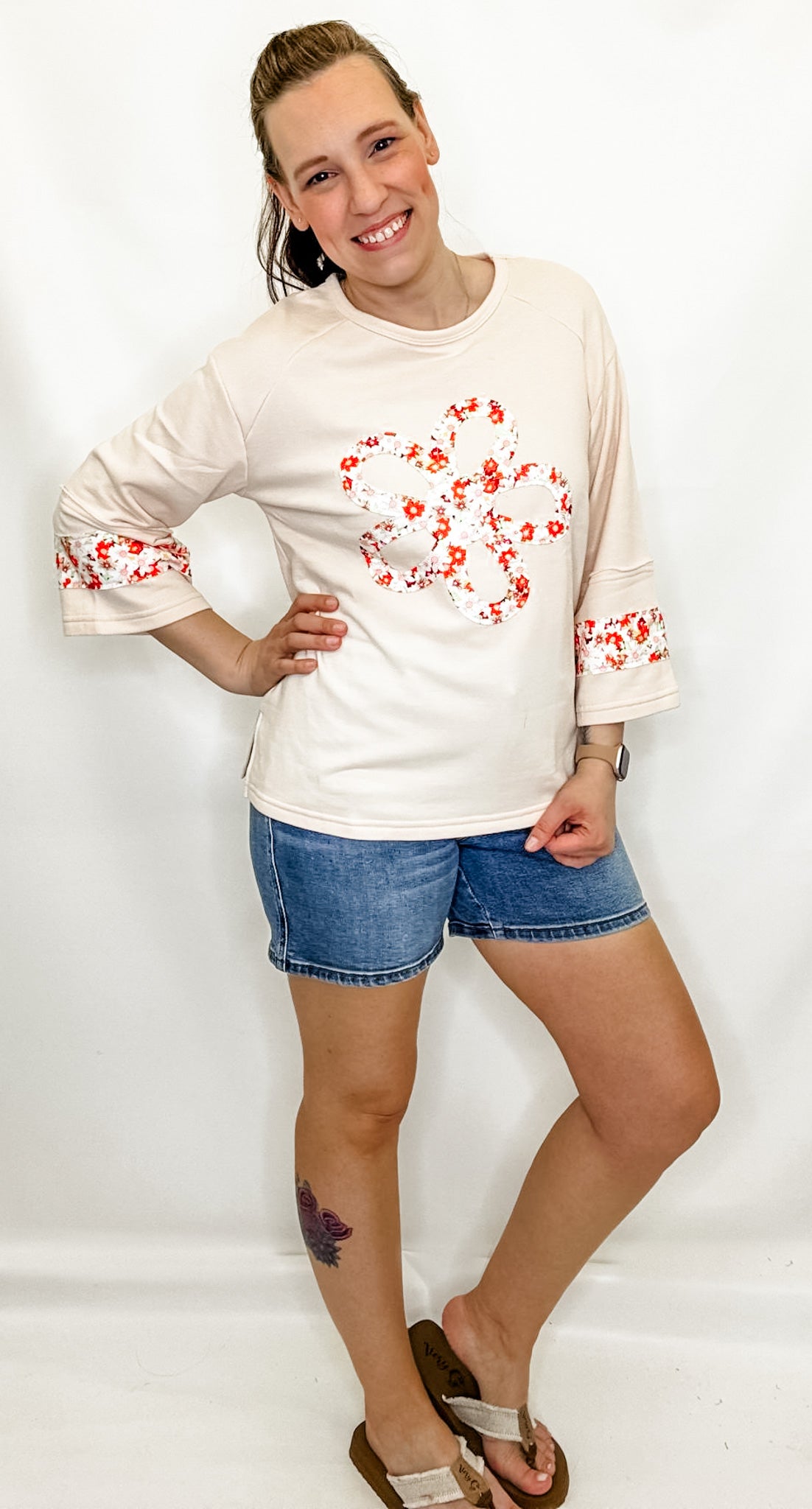 Beige Flower Patch Graphic Top