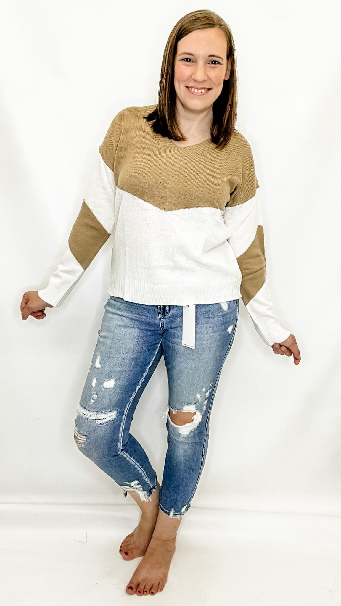 Khaki & Cream V-Neck Sweater