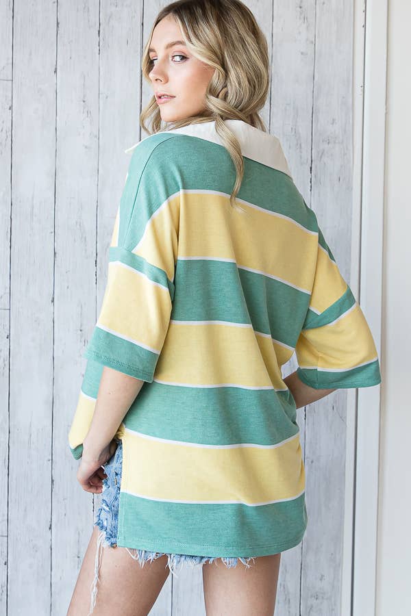7th Ray - Oversized Striped Collar Split Neck Short Sleeve Top T4061
