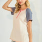 Denim Blue & White Color Block Button Front Short Sleeve