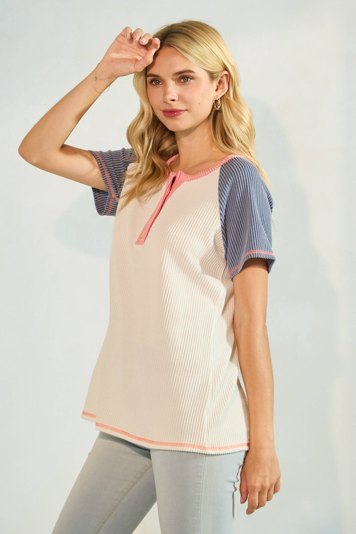 Denim Blue & White Color Block Button Front Short Sleeve