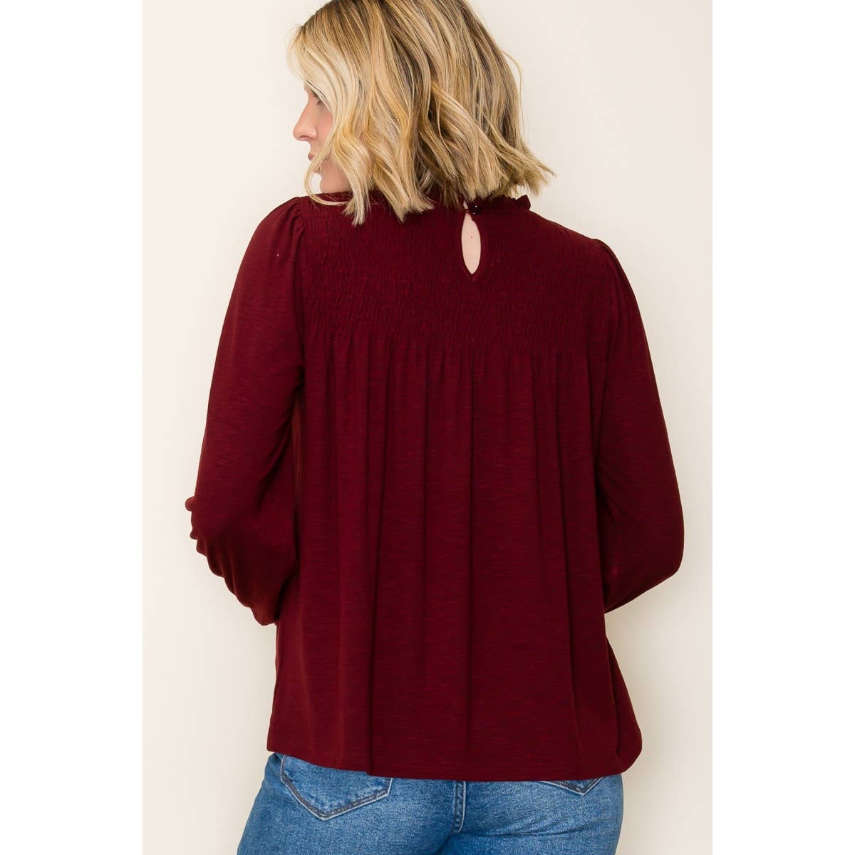 Burgundy Ruffle Smocked Long Sleeve Top