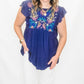 Navy Baby Doll Top with Embroidery