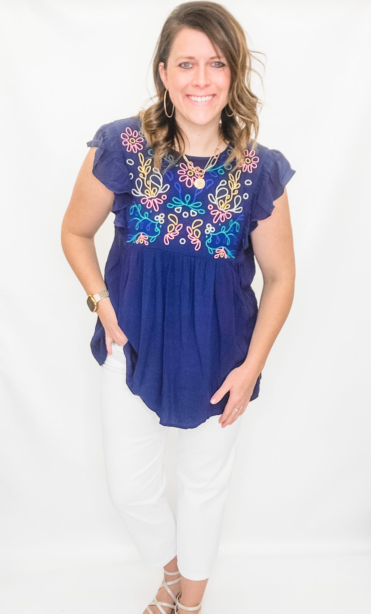 Navy Baby Doll Top with Embroidery