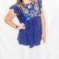 Navy Baby Doll Top with Embroidery