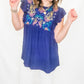 Navy Baby Doll Top with Embroidery