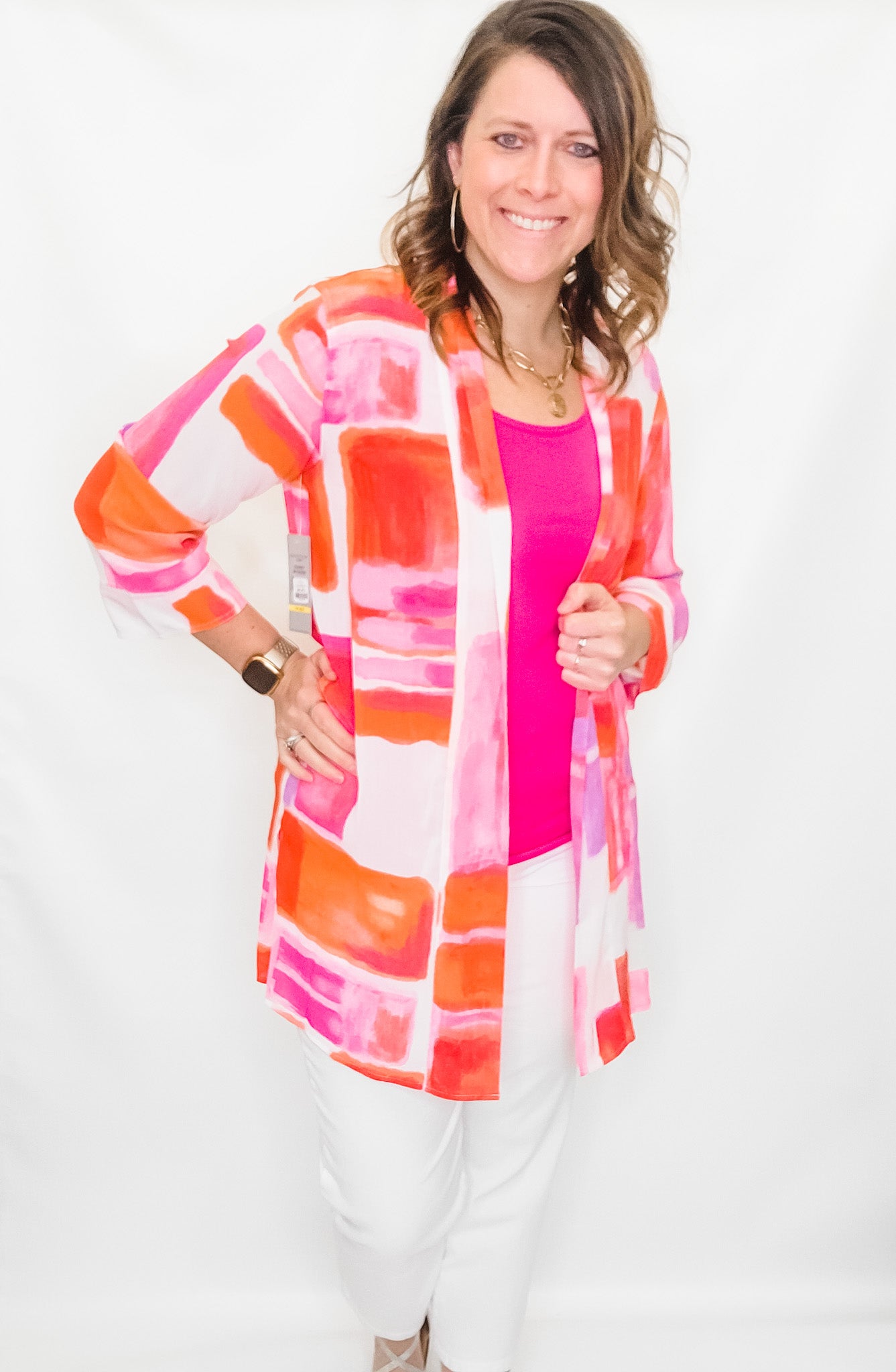 Multiples Pink & Orange Geometric Kimono Jacket