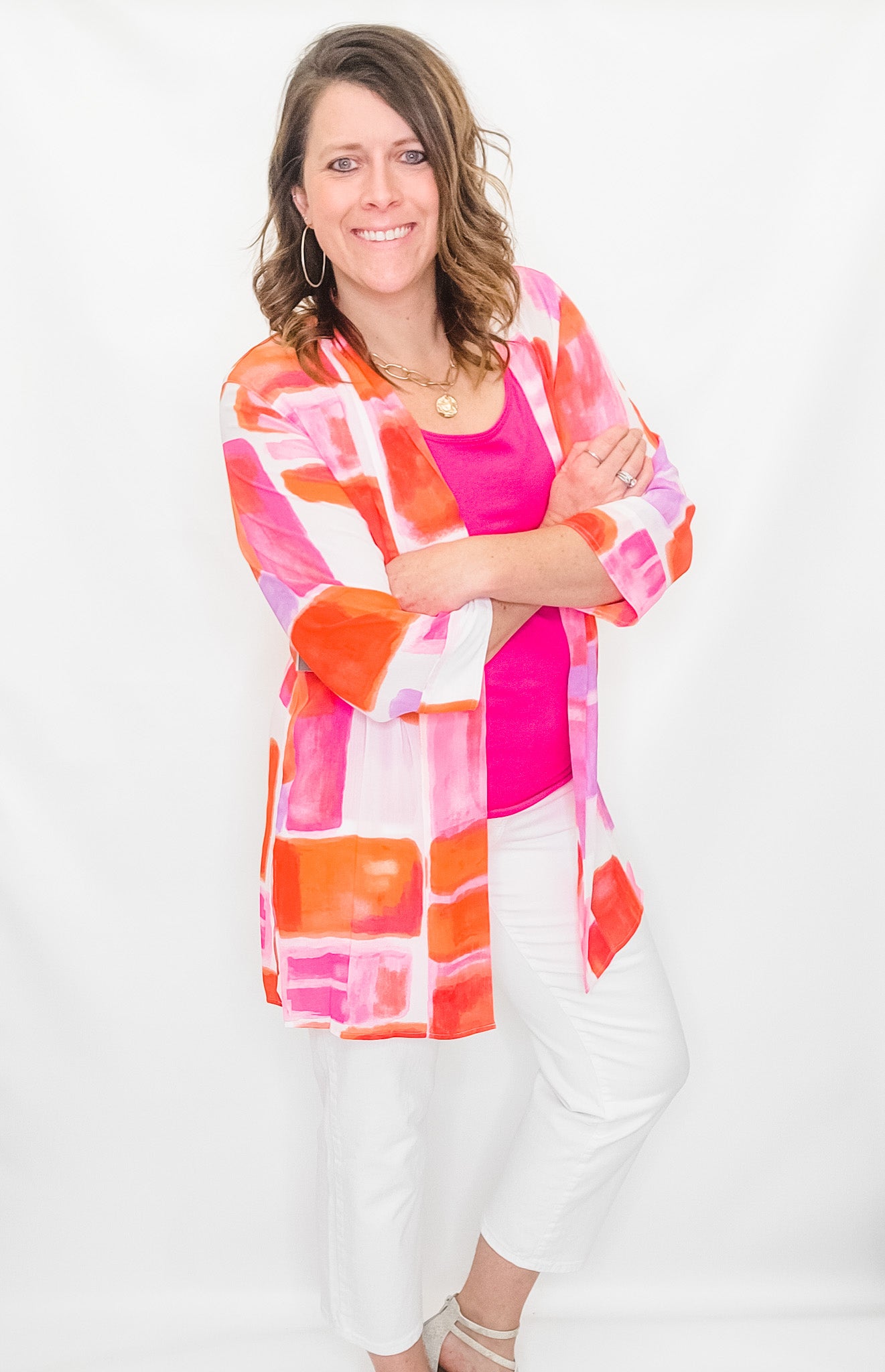 Multiples Pink & Orange Geometric Kimono Jacket