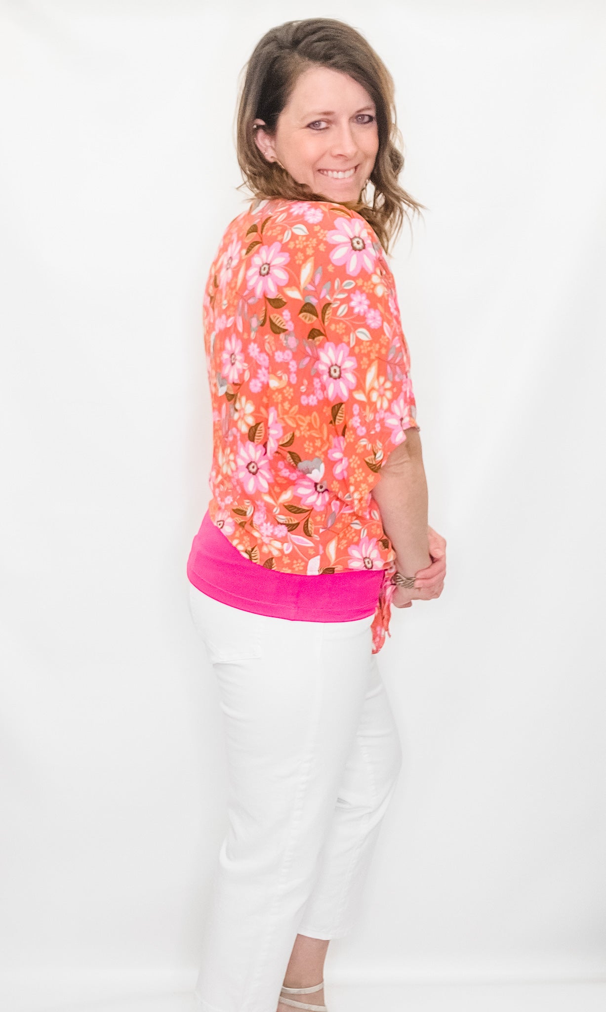Coral & Floral Blouse with Tie