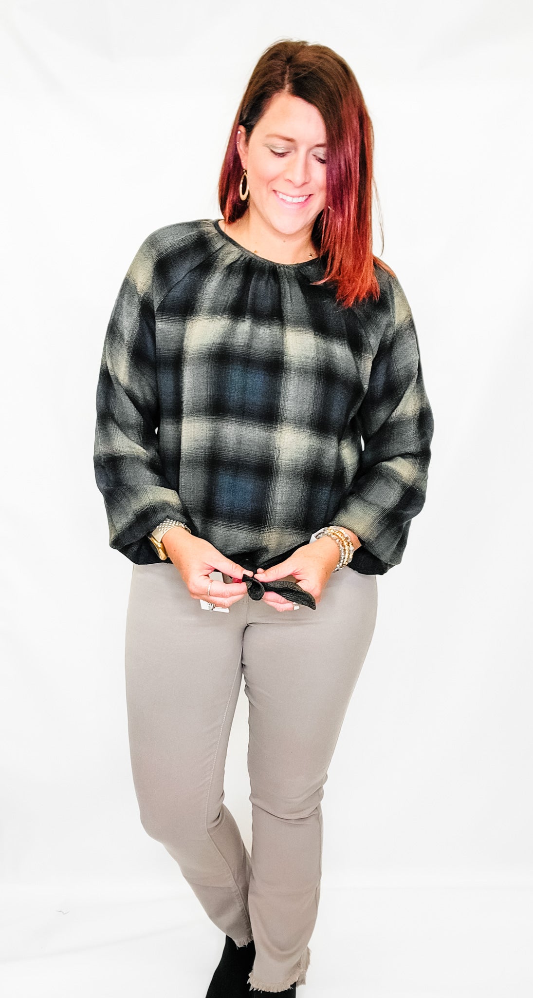 Charlie B Emerald Plaid Blouse with Knot