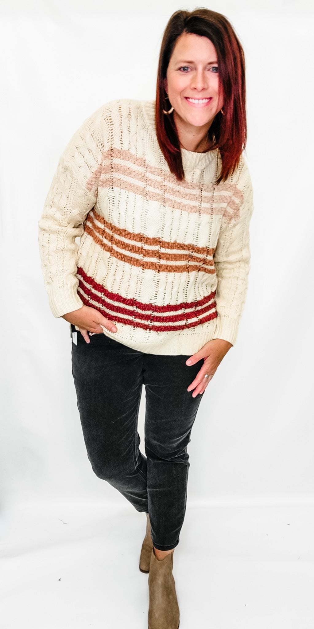 Fall Stripe & Cream Cable Knit Sweater - Extended Only