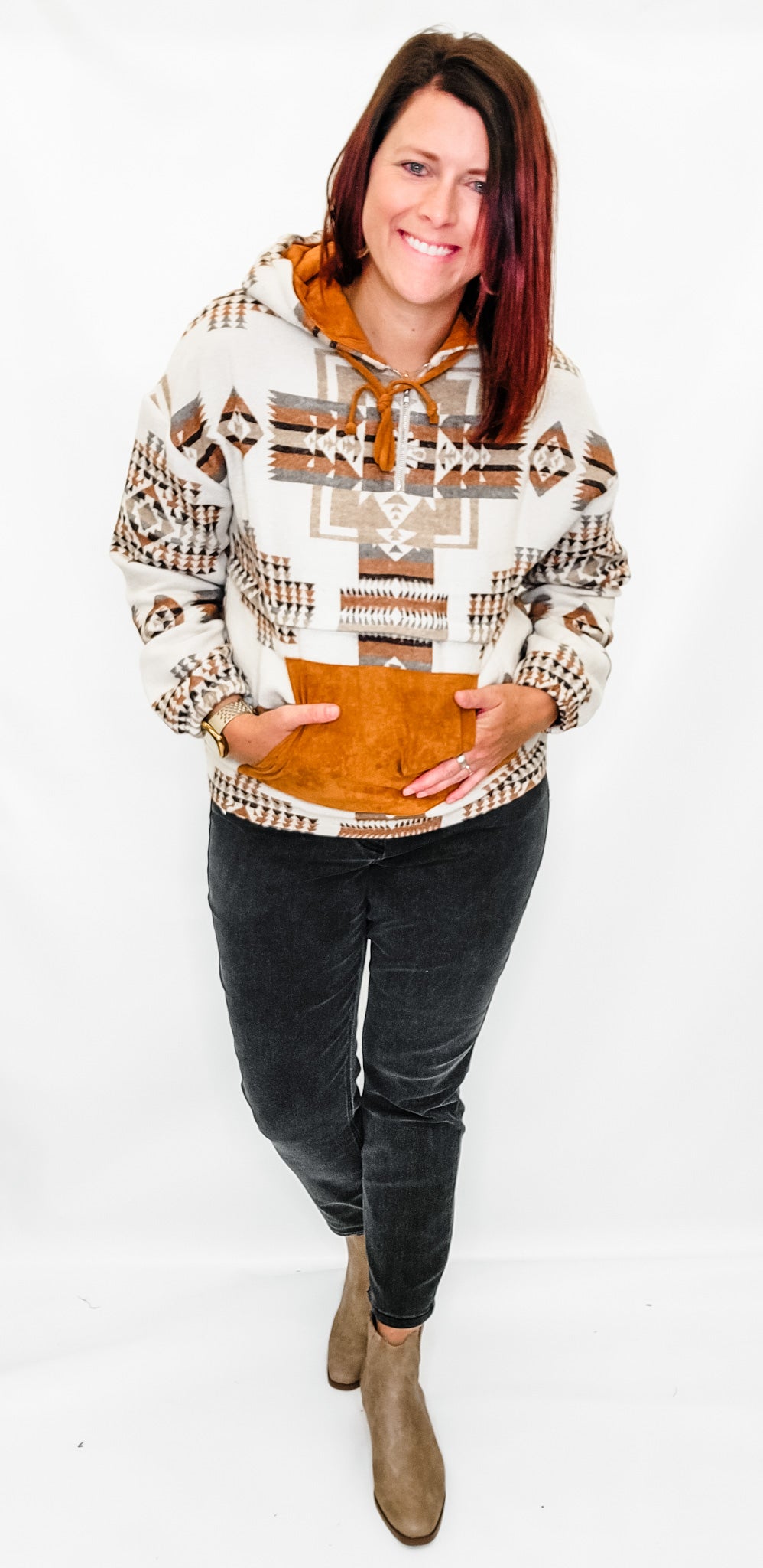 Brown Aztec & Suede Hoodie