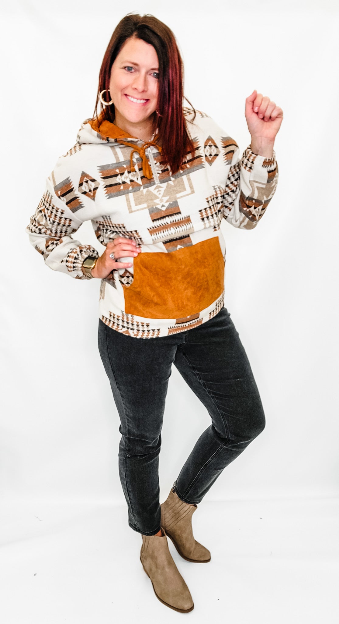 Brown Aztec & Suede Hoodie