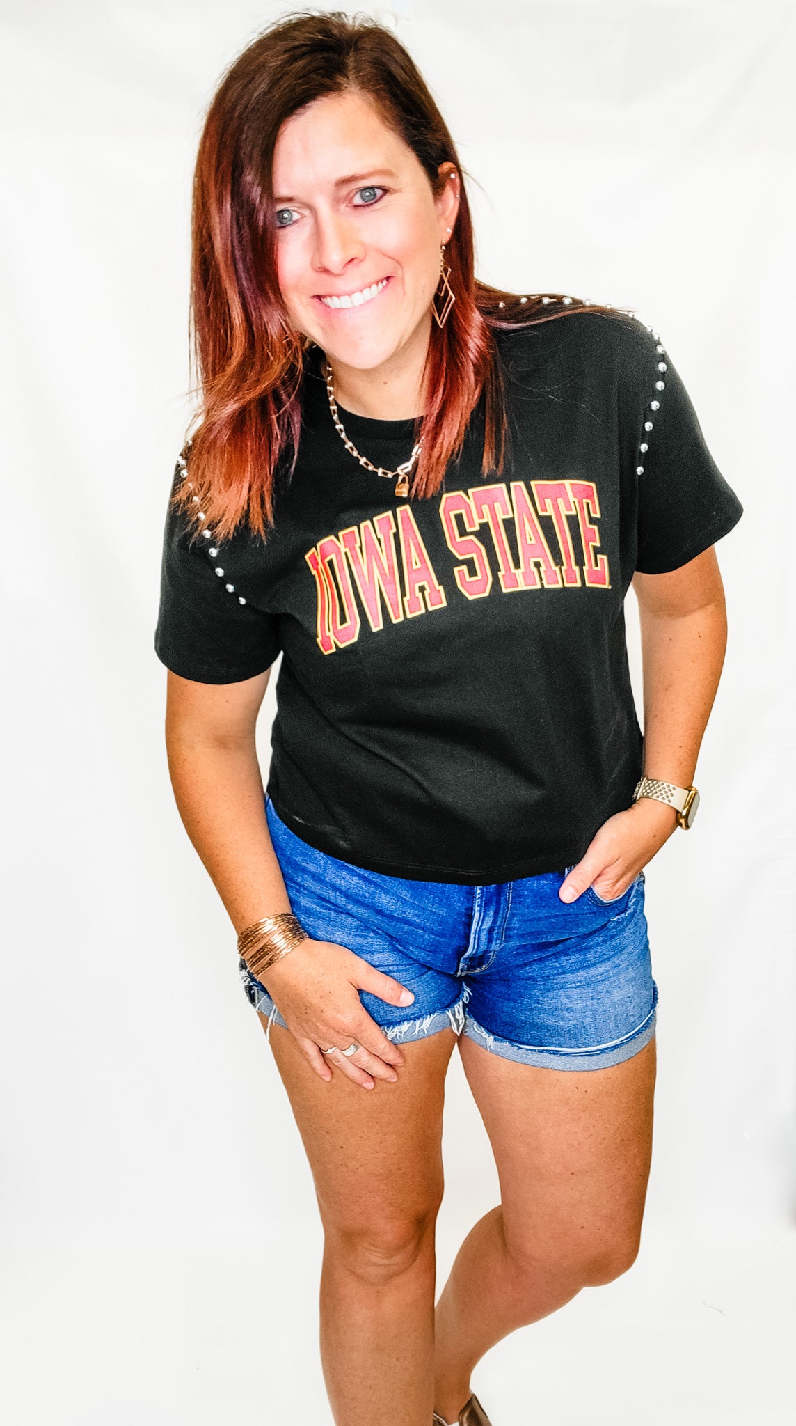 Iowa or Iowa State After Party Studded Crop Short Sleeve