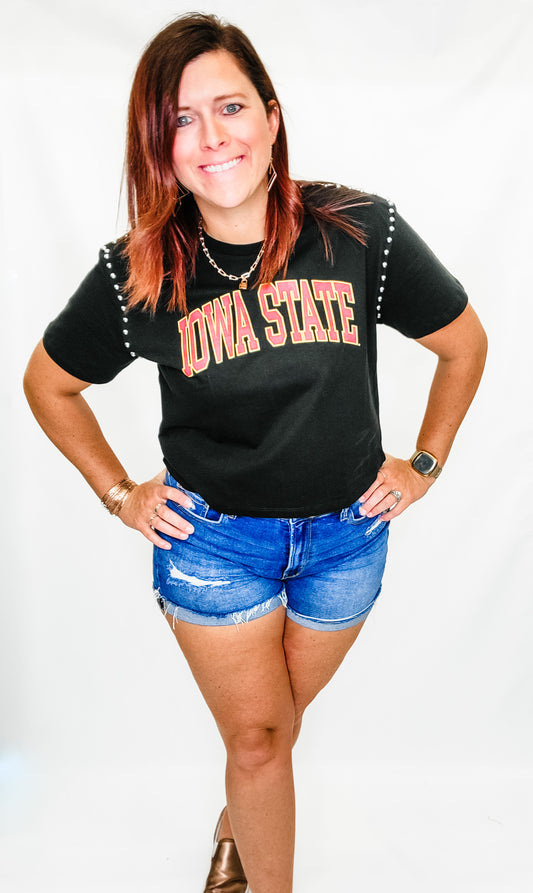 Iowa or Iowa State After Party Studded Crop Short Sleeve