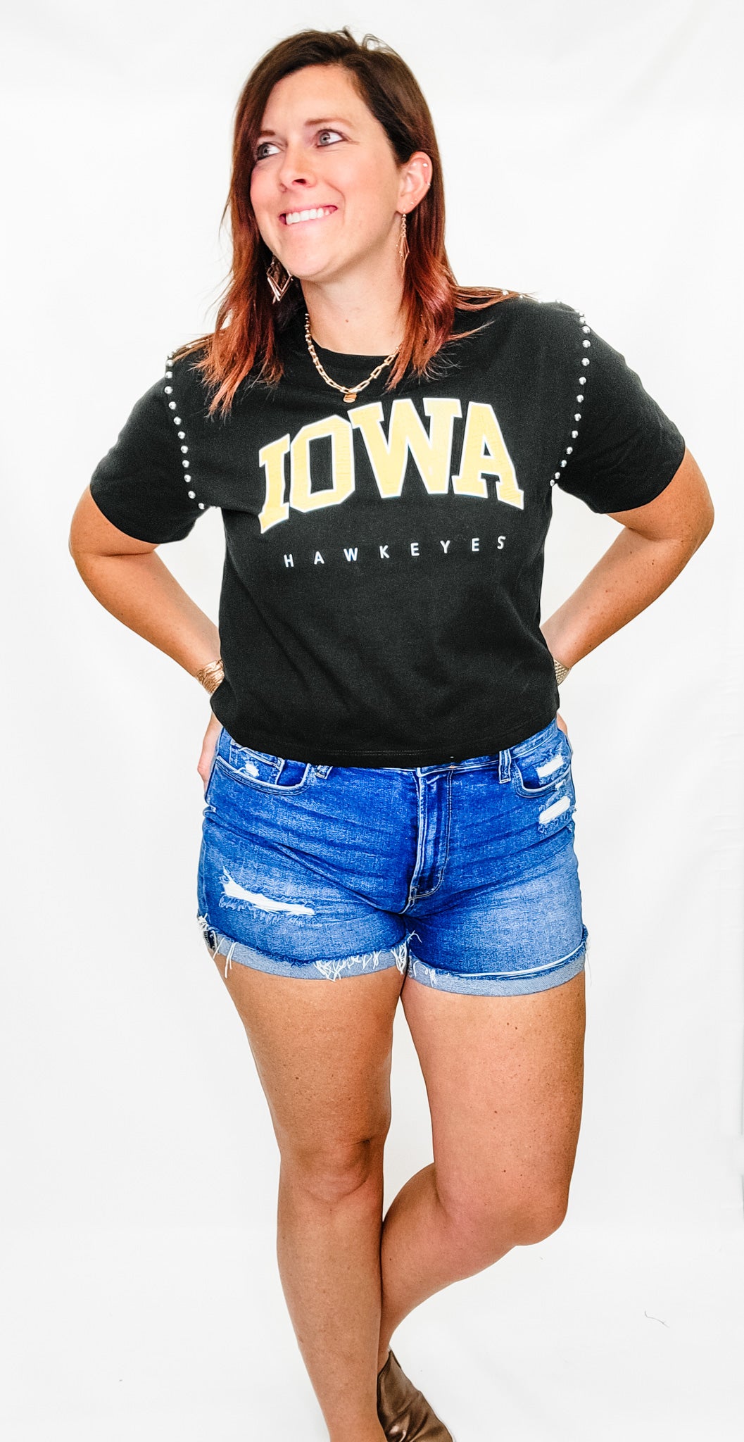 Iowa or Iowa State After Party Studded Crop Short Sleeve