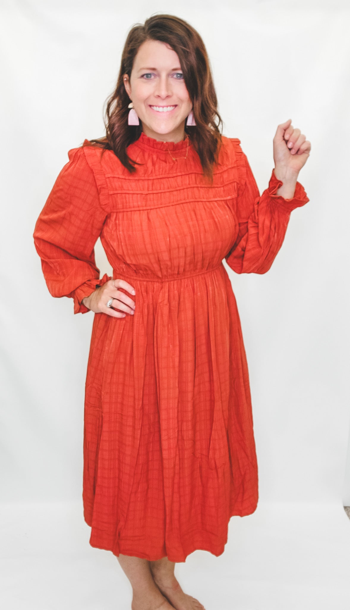 Rust Mock Neck Ruffle Sleeve Dress