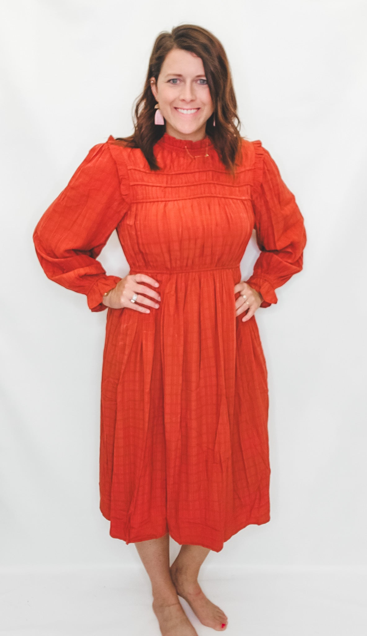 Rust Mock Neck Ruffle Sleeve Dress