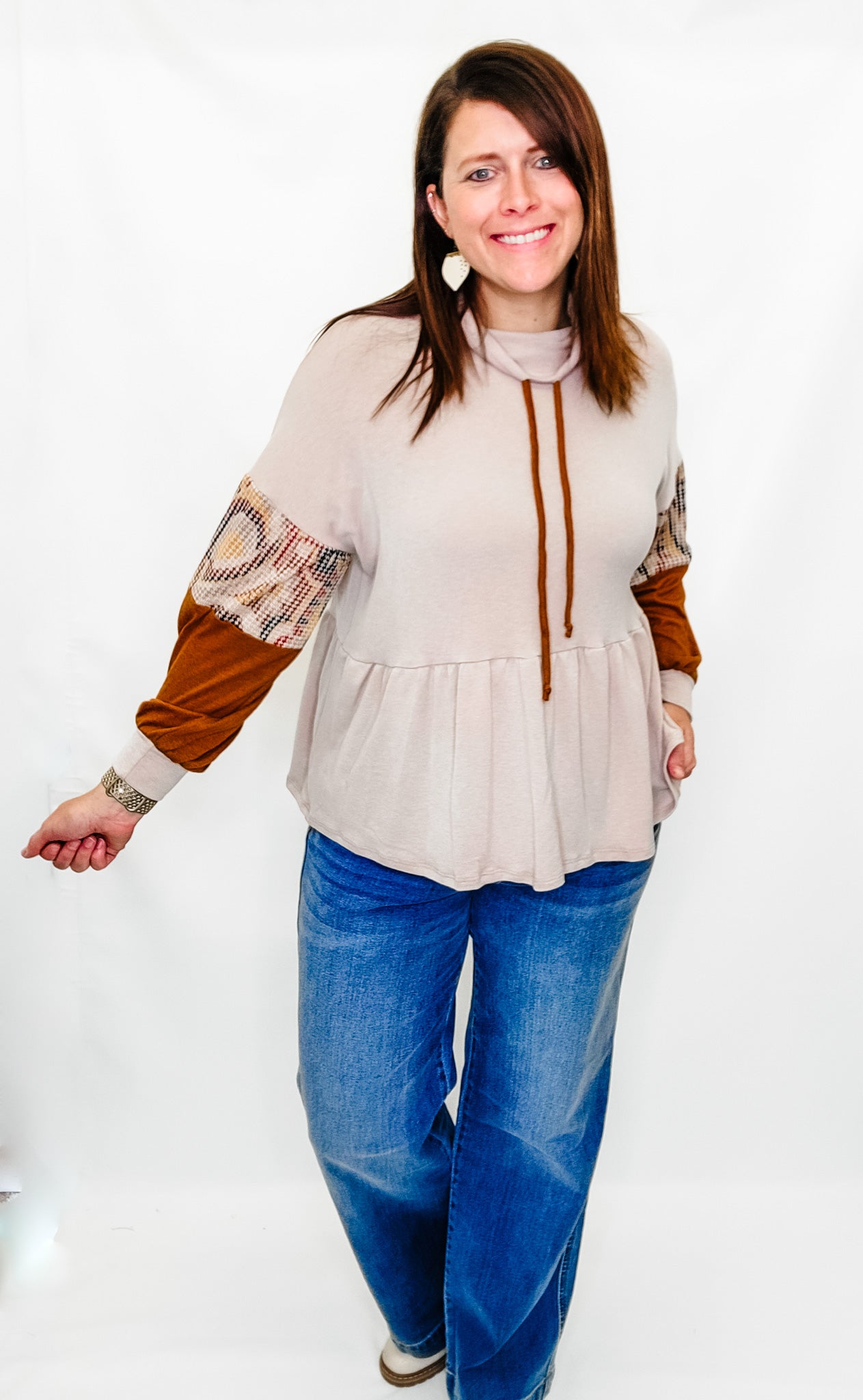 Taupe & Rust Cowl Neck Top with Ruffle
