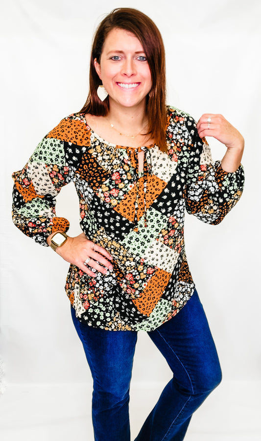 Black & Olive Boho Floral Patchwork Long Sleeve