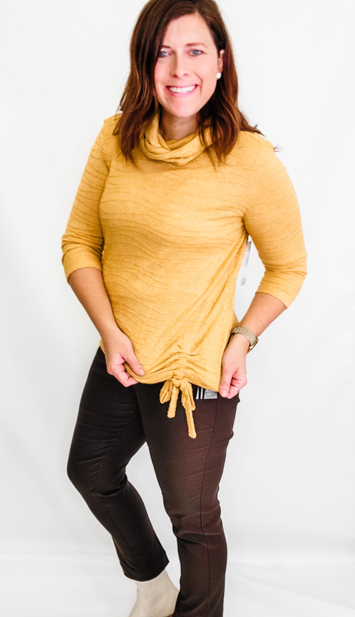 Multiples Honey 3/4 Sleeve Cinched Cowl Neck