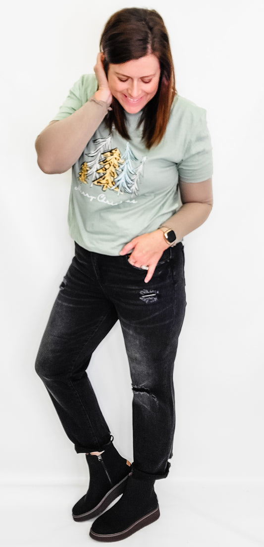Risen Black Distressed Boyfriend Jeans with Roll Hem - RDP5041