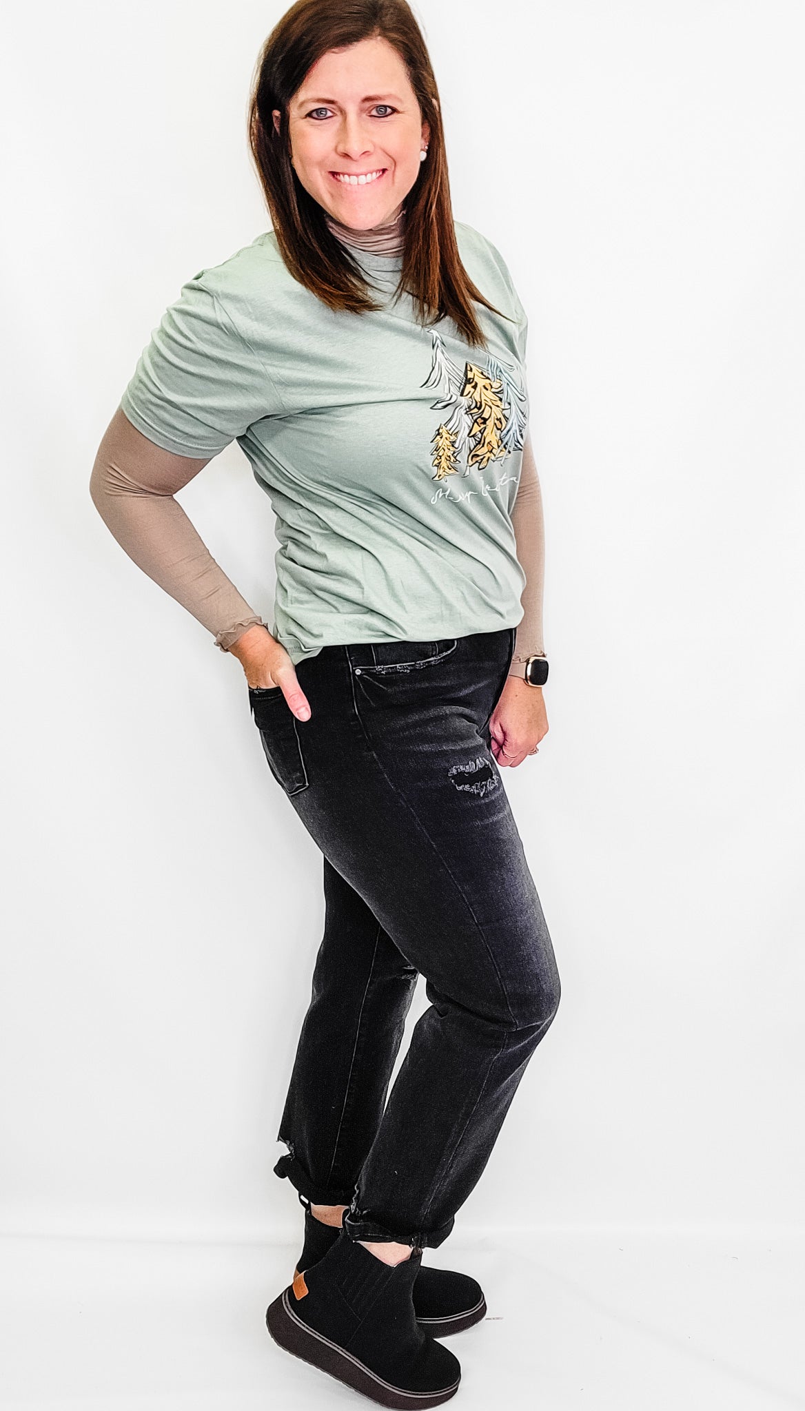 Risen Black Distressed Boyfriend Jeans with Roll Hem - RDP5041