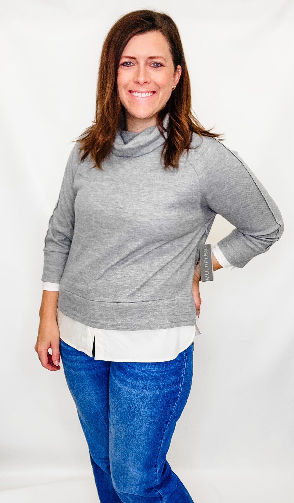 Multiples Gray Cowl with Cream Shirt Accents
