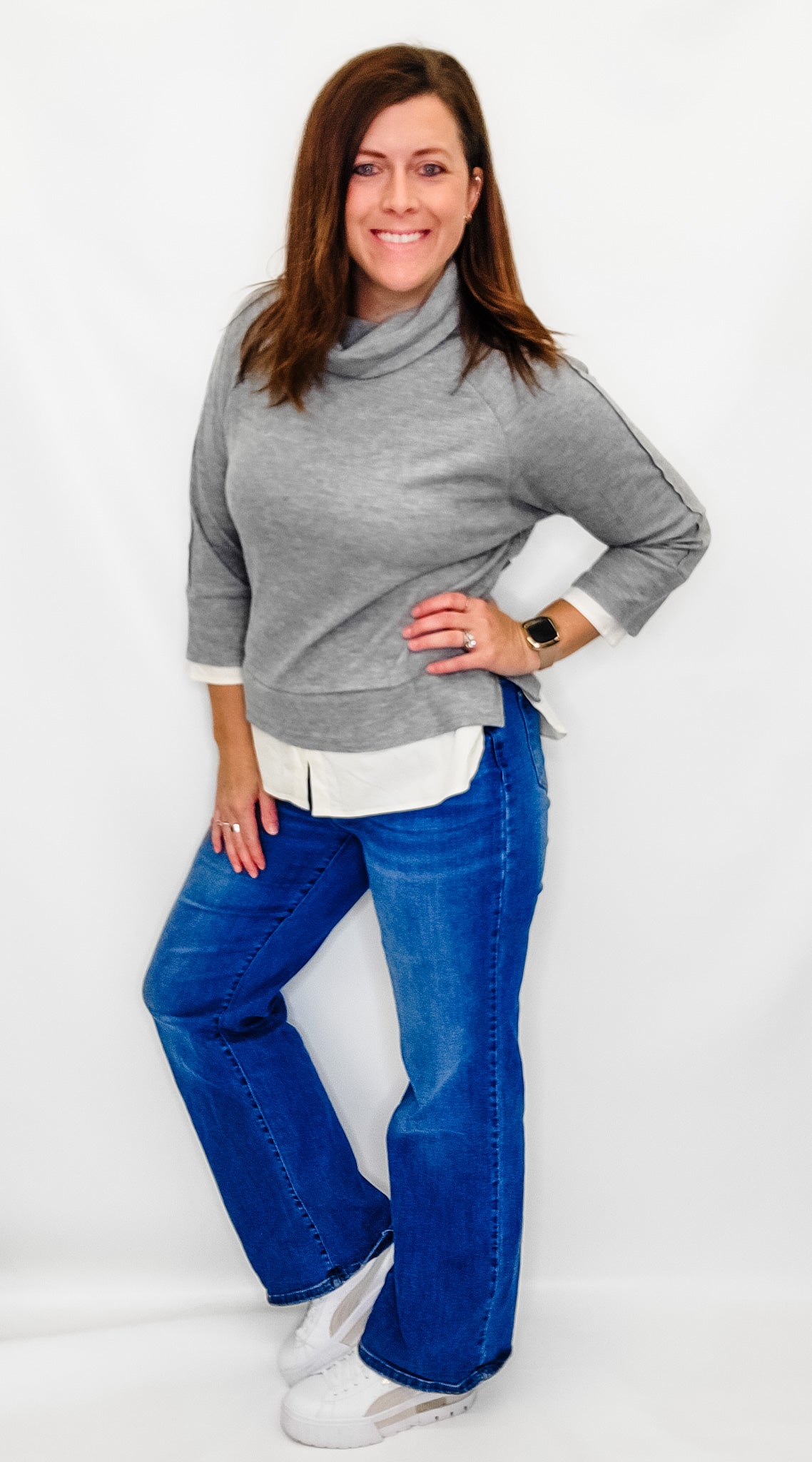 Multiples Gray Cowl with Cream Shirt Accents