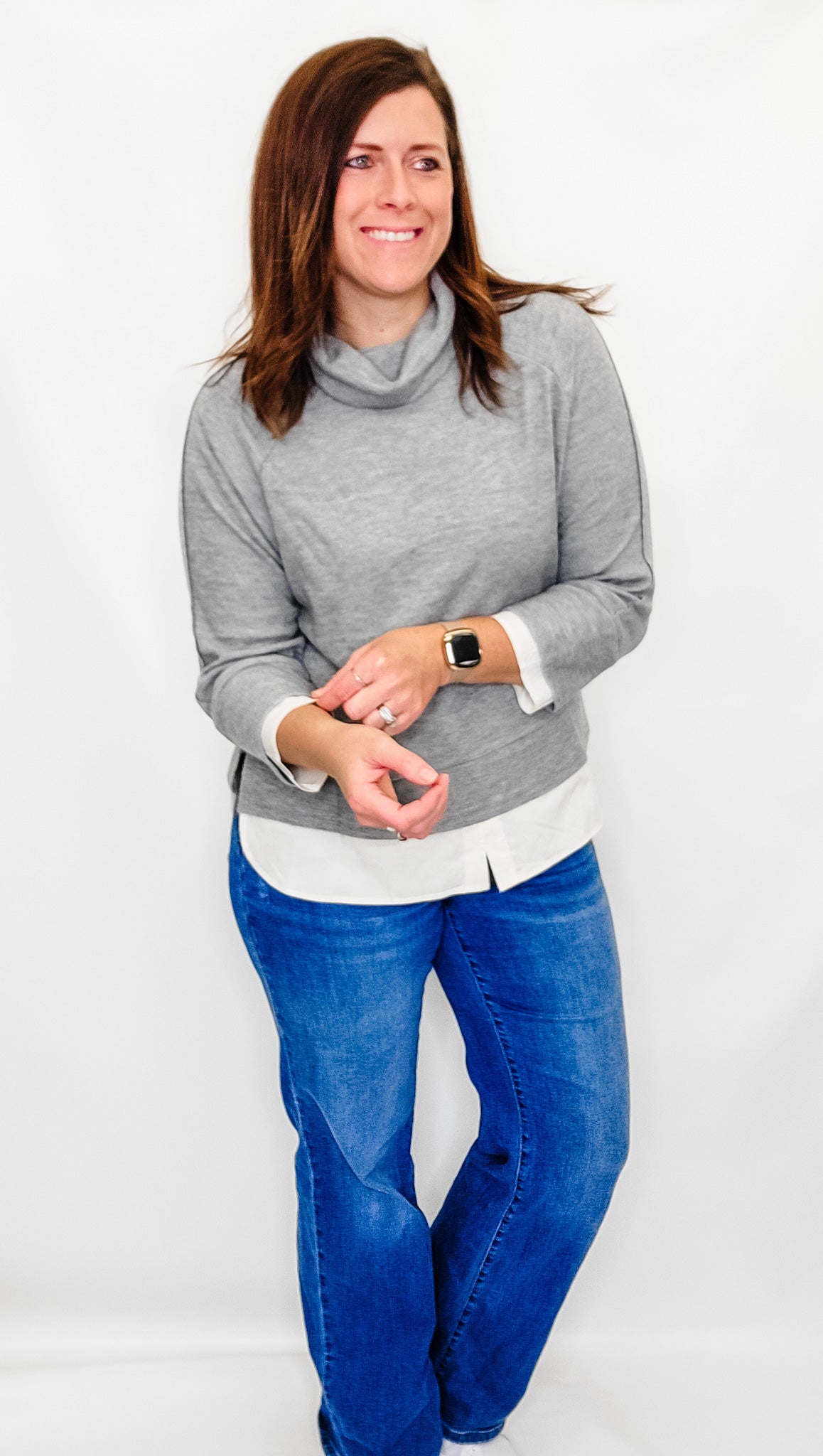Multiples Gray Cowl with Cream Shirt Accents