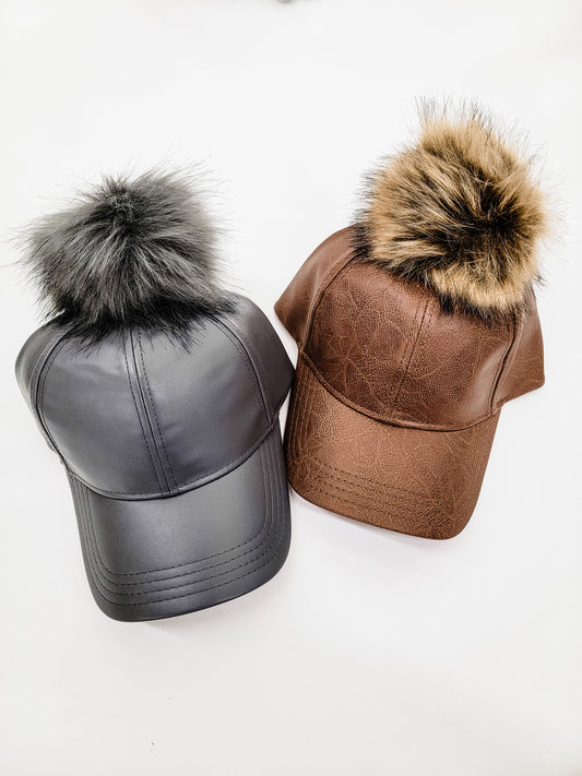 C.C. Faux Leather Fur Pom Ball Cap - Variety