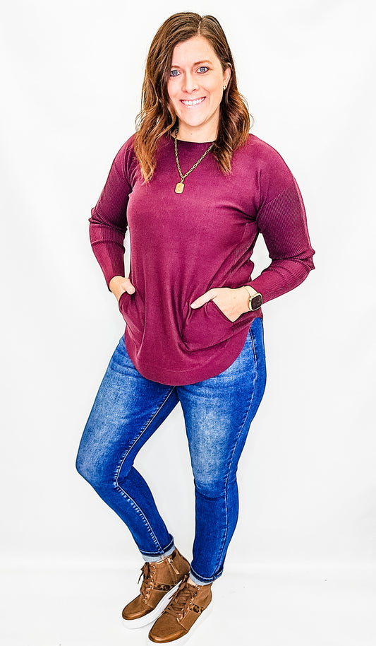 Charlie B Port Wine Sweater with Eyelet Back