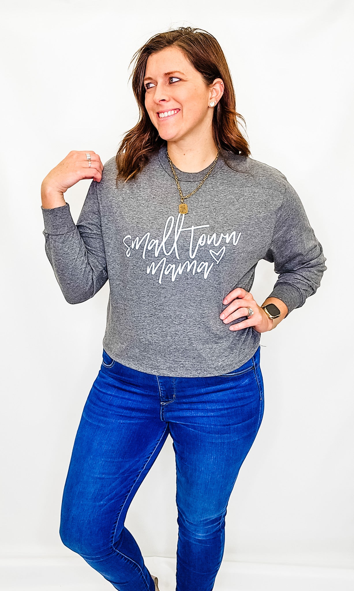 Small Town Mama, Gray Graphic Crop Long Sleeve