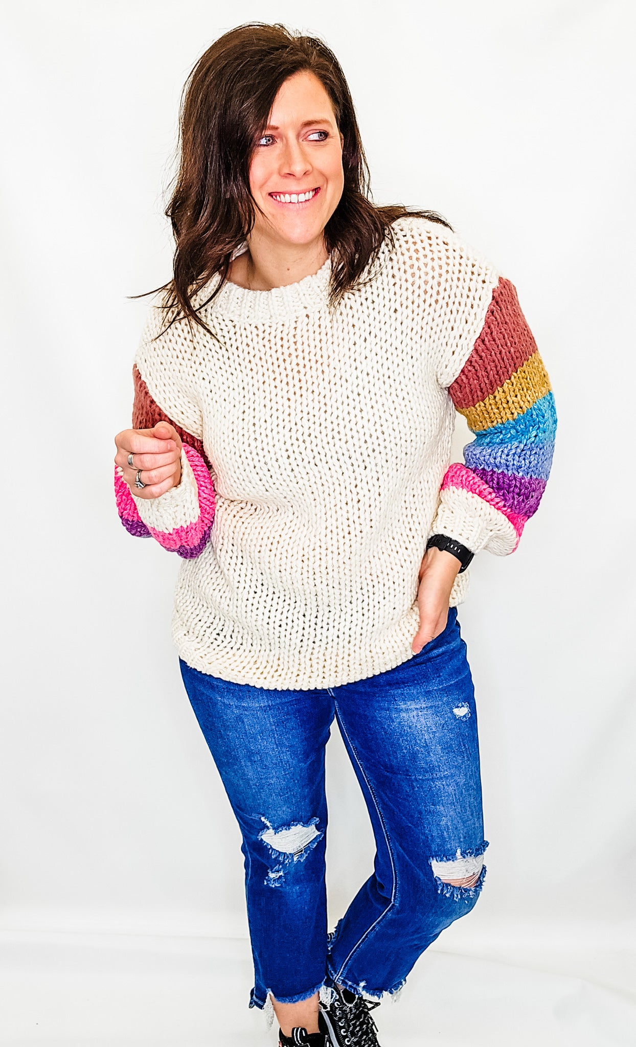 Cream Sweater with Color Block Sleeves