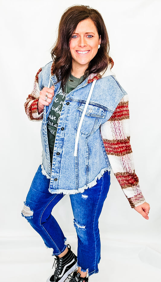 Burgundy Plaid Sleeve, Denim Jacket