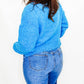 Blue Mock Neck Distressed Sweater