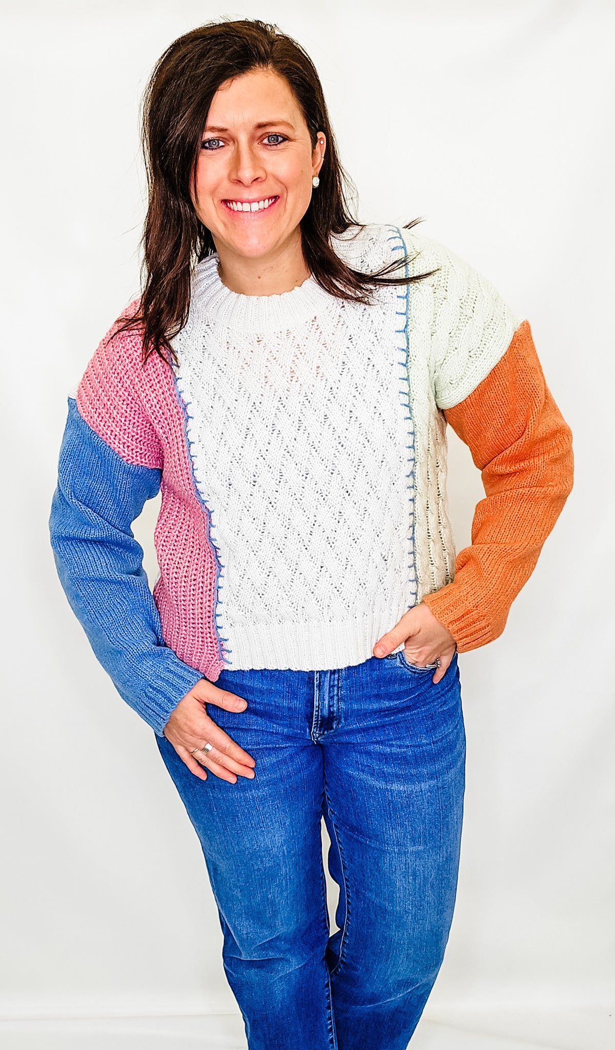 Cream Cut & Color Blocked Sweater