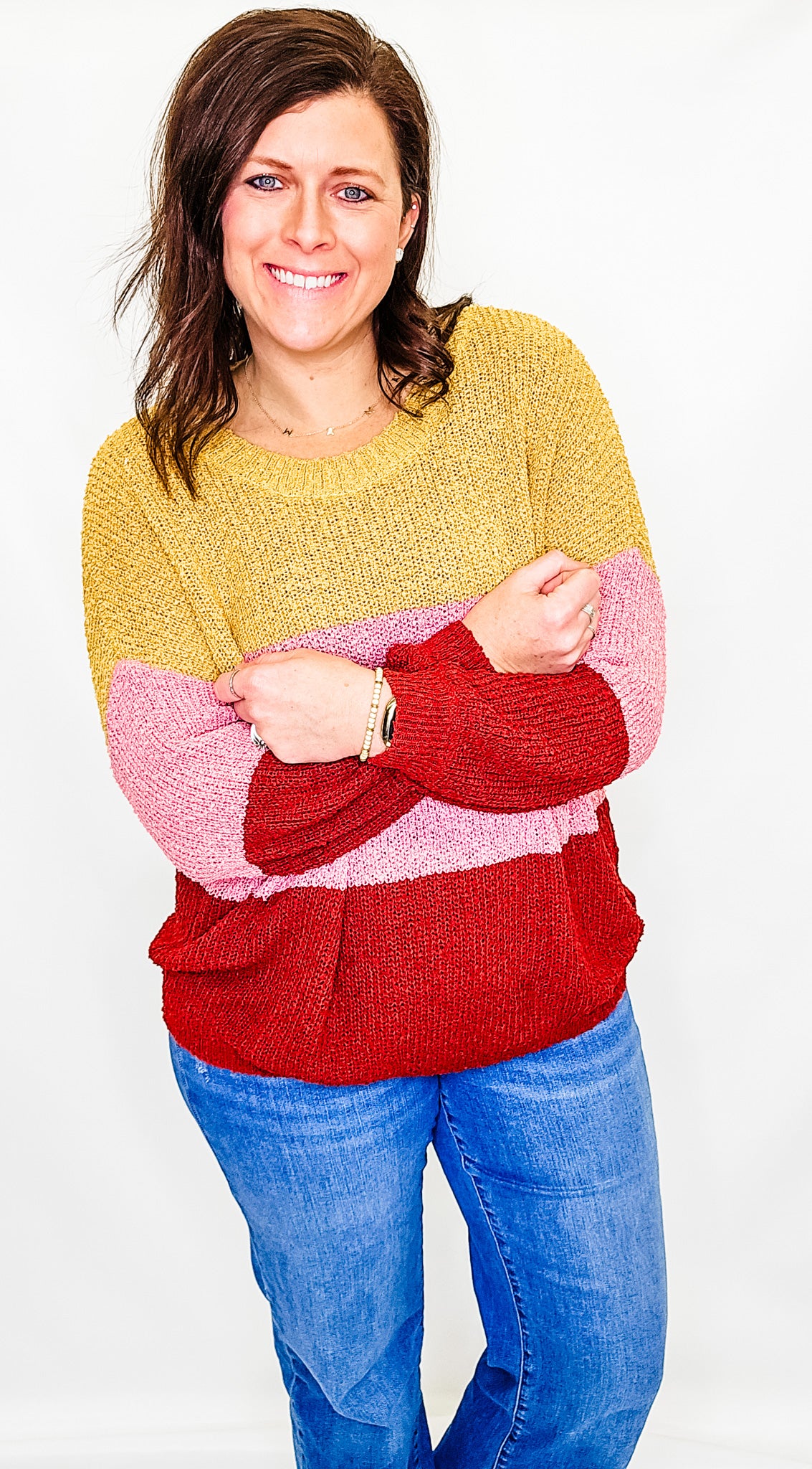 Mustard, Pink & Wine Color Block Sweater