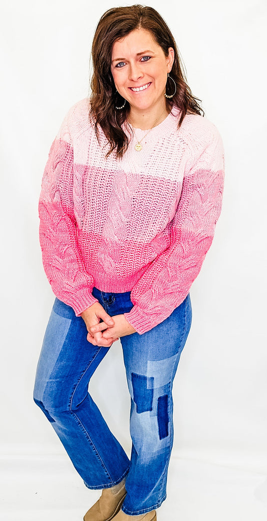 Pink Color Block Cable Knit Sweater