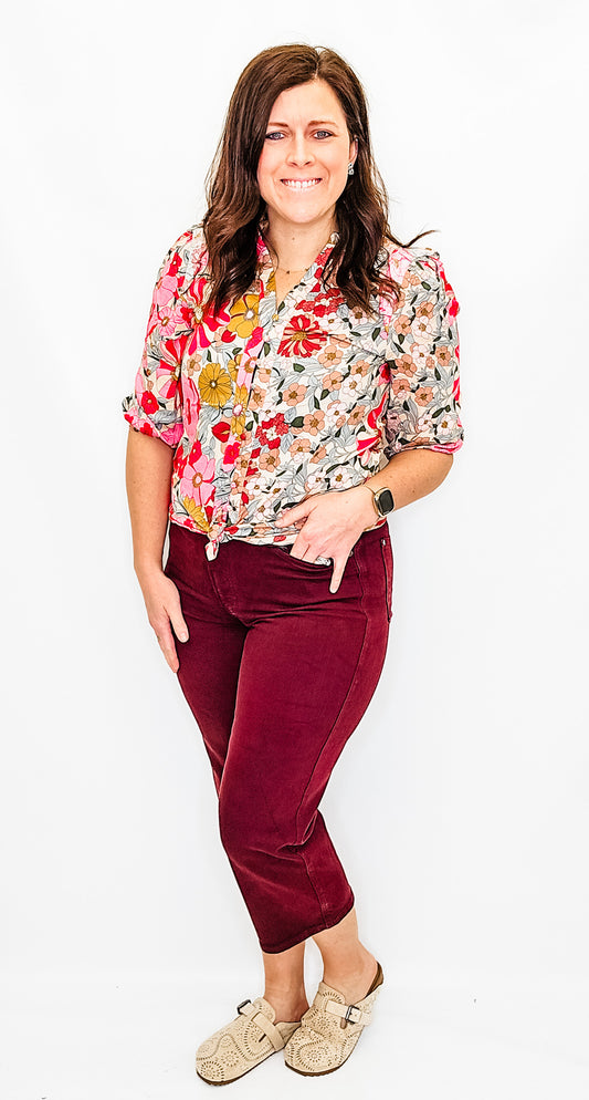Judy Blue High Rise Maroon Wide Leg Crop - JB88752