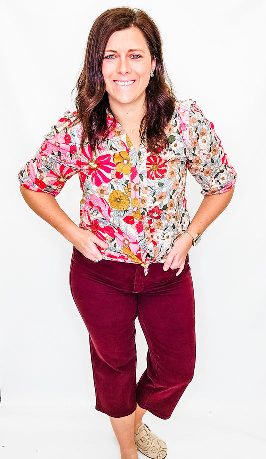 Pink Floral Print Ruffled Blouse