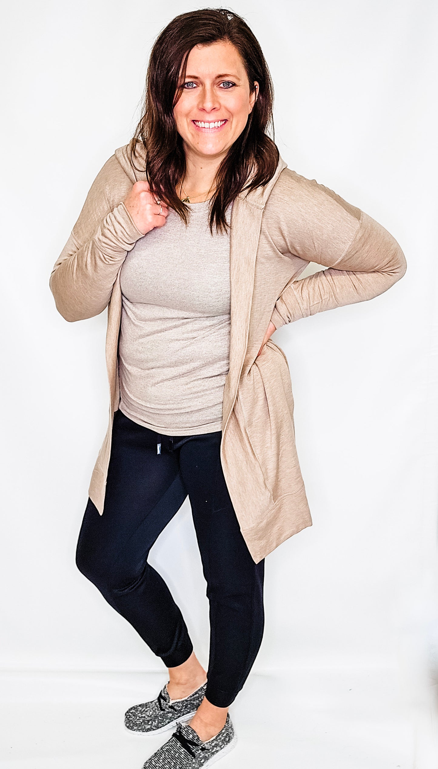 Natural Taupe Longline Hooded Cardigan